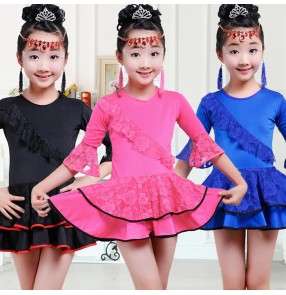 Black royal blue fuchsia hot pink long sleeves girls kids children performance gymnastics performance latin ballroom dance dresses skirts